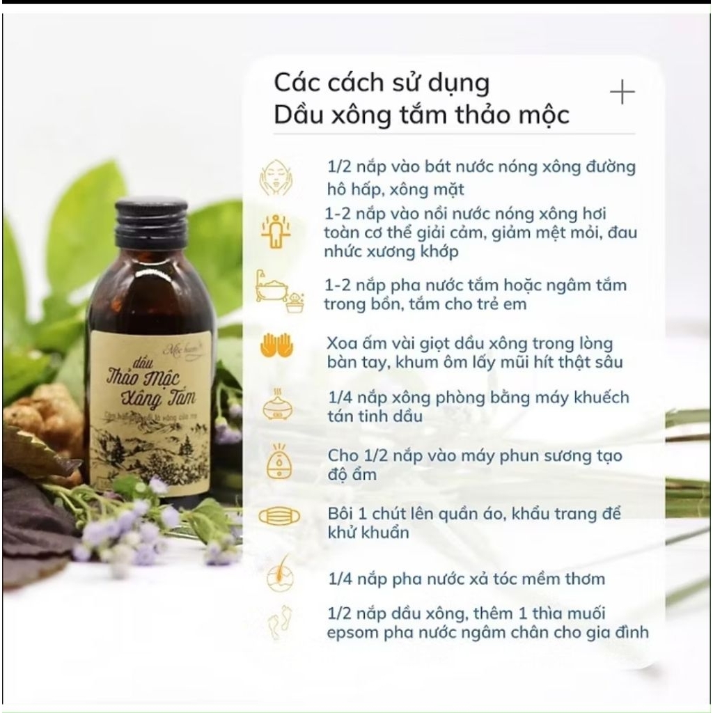 Dầu xông tắm thảo mộc Mộc Hương - 150ml - Kết hợp nhiều loại thảo mộc quý giải cảm, trục hàn