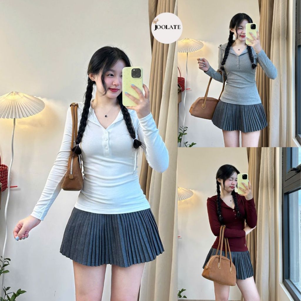 Áo thun nữ dài tay phối cúc thiết kế mũ cá tính ôm eo tôn dáng Joolate 432 P5K2