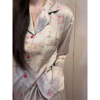 Bộ ngủ lụa kitty xám dài tay