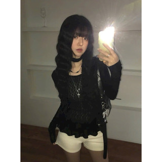 LT - Áo ren thun lưới cổ thuyền kèm chocker ôm body dài tay dáng xoè bèo peplum style Ulzzang y2k cá tính 1211