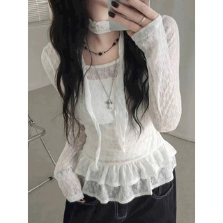 LT - Áo ren thun lưới cổ thuyền kèm chocker ôm body dài tay dáng xoè bèo peplum style Ulzzang y2k cá tính 1211