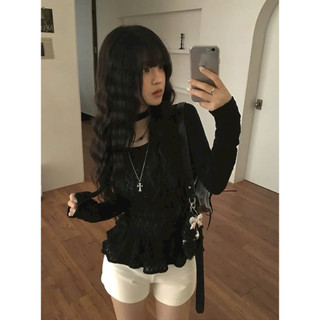 LT - Áo ren thun lưới cổ thuyền kèm chocker ôm body dài tay dáng xoè bèo peplum style Ulzzang y2k cá tính 1211