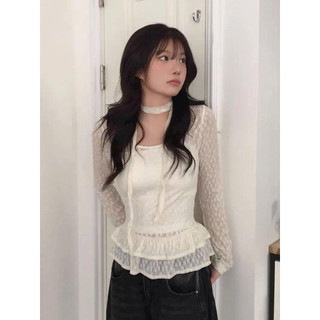 LT - Áo ren thun lưới cổ thuyền kèm chocker ôm body dài tay dáng xoè bèo peplum style Ulzzang y2k cá tính 1211