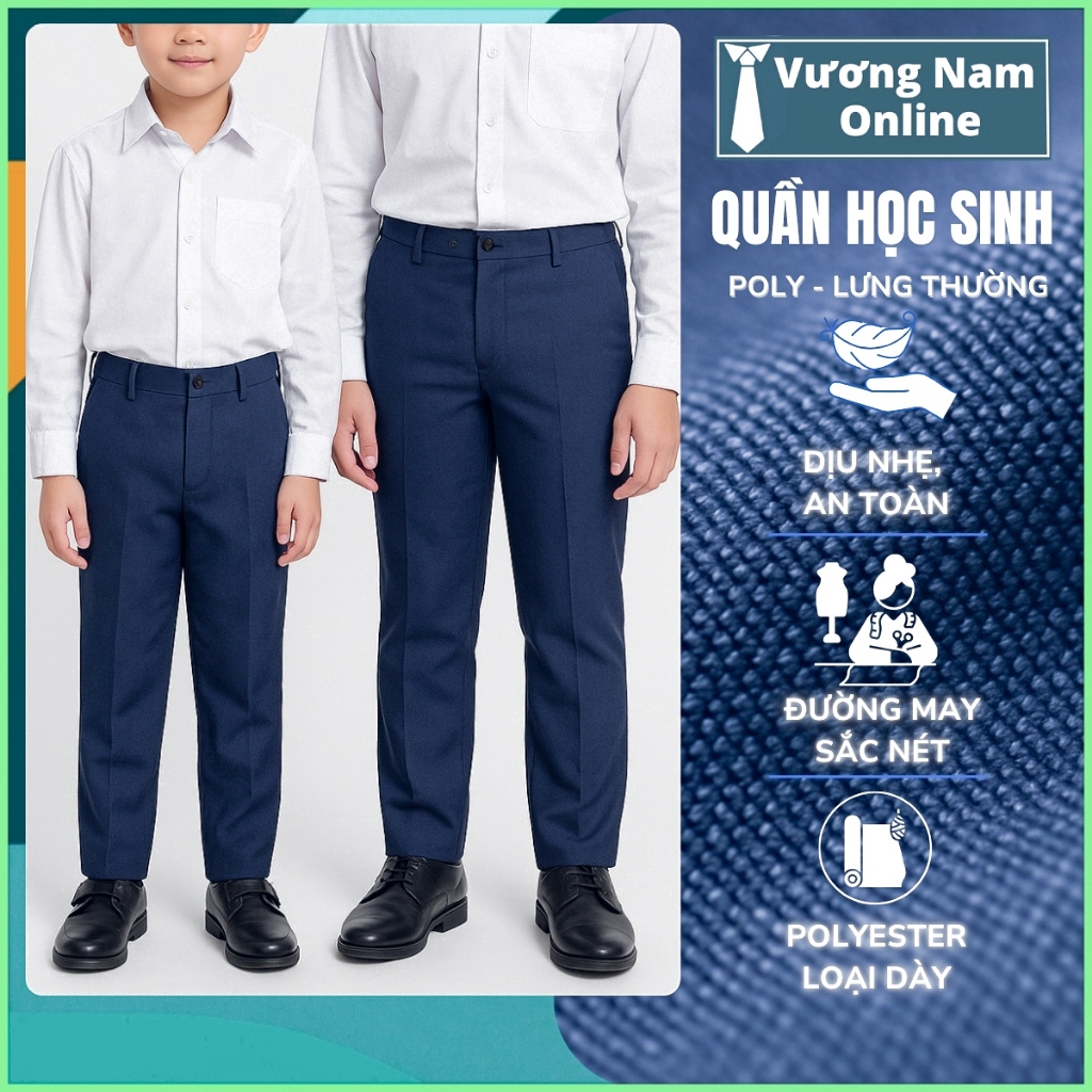Quần tây học sinh nam lưng nẹp chất polyster màu xanh đen cấp 1 2 VNO110