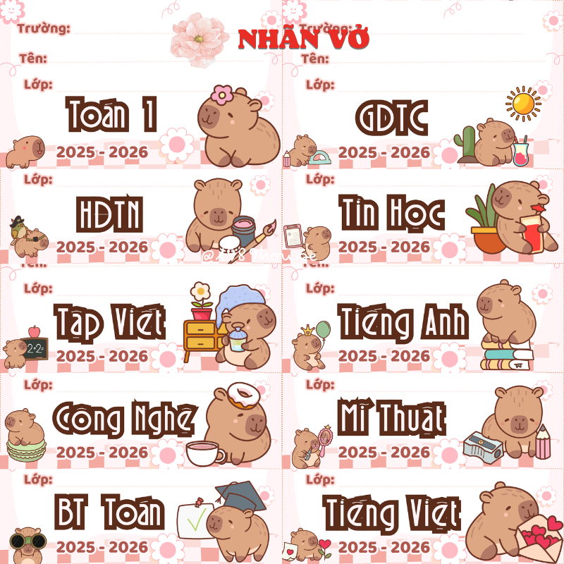 SET40 Tem nhãn vở 7x4.2cm PASTEL CAPYBARA CẤP 1, CẤP 2, CẤP 3 (in tên ...