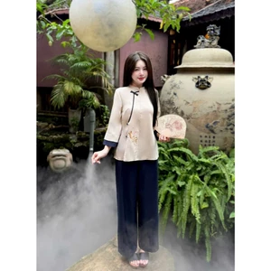 PPN17 Set đồ lam lễ chùa nữ cách tân vải gấm cổ tàu cách điệu thêu giọt lệ cực xinh
