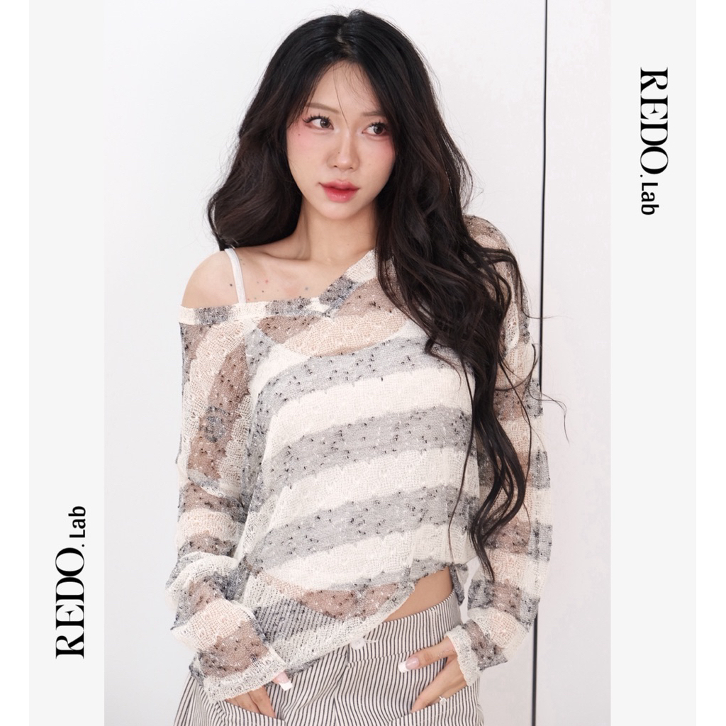 | MỞ BÁN REDO | ÁO REN LƯỚI DÁNG RỘNG CỔ TIM RỘNG HOẠ TIẾT KẺ NGANG KÈM ...