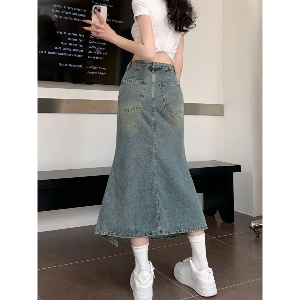 Chân váy jeans dáng dài xẻ tà lệch, viền bèo nữ tính phong cánh Hàn Quốc, co giãn, mặc được 4 mùa