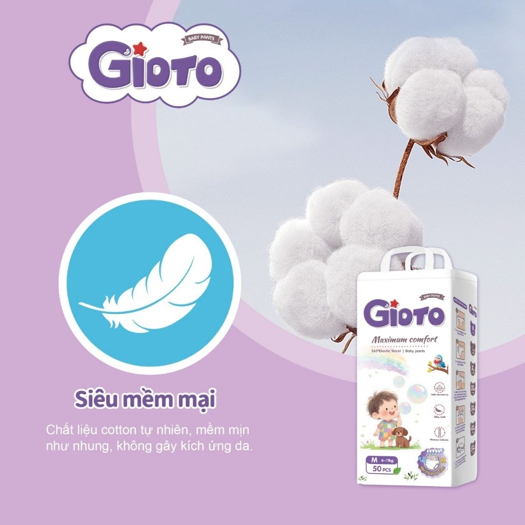 Tã Quần GIOTO phiên bản cải tiến, Form Bo Mông – Mềm – Thấm Tốt M-5XL, Bịch 50 Miếng