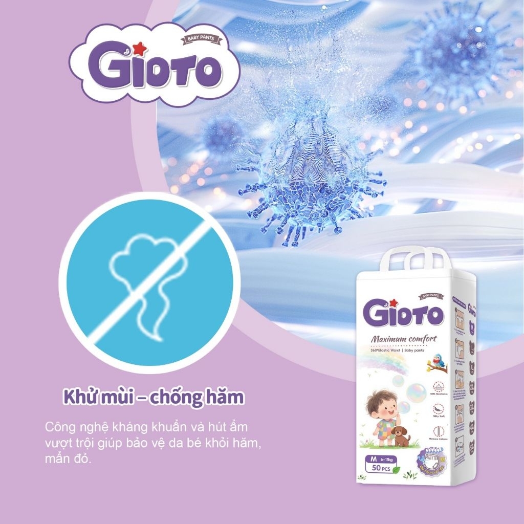 Tã Quần GIOTO phiên bản cải tiến, Form Bo Mông – Mềm – Thấm Tốt M-5XL, Bịch 50 Miếng