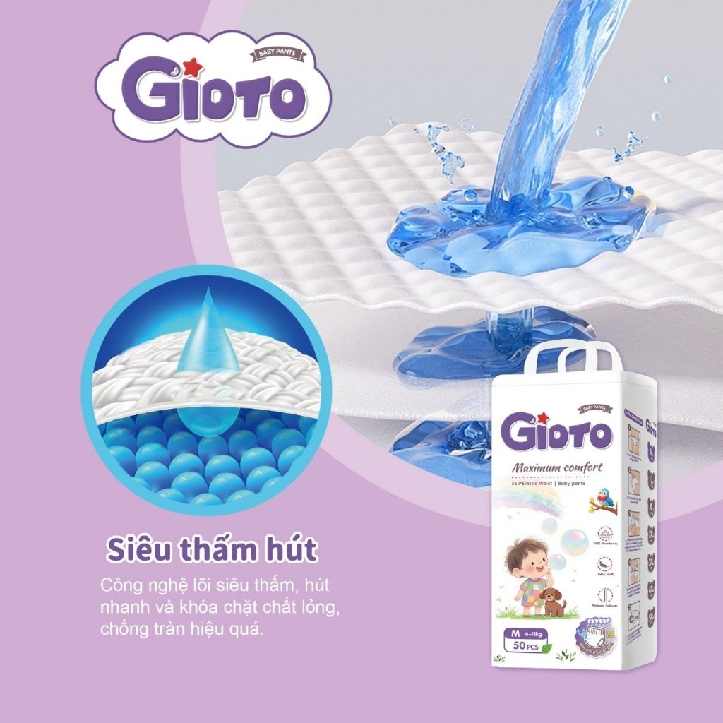 Tã Quần GIOTO phiên bản cải tiến, Form Bo Mông – Mềm – Thấm Tốt M-5XL, Bịch 50 Miếng