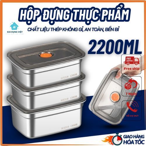 COMBO 3 Hộp 2200ML INOX LOẠI 1  Nắp Đậy Hút Chân Không, Khay Đựng Đồ Để Tủ Tiện Dụng Lạnh
