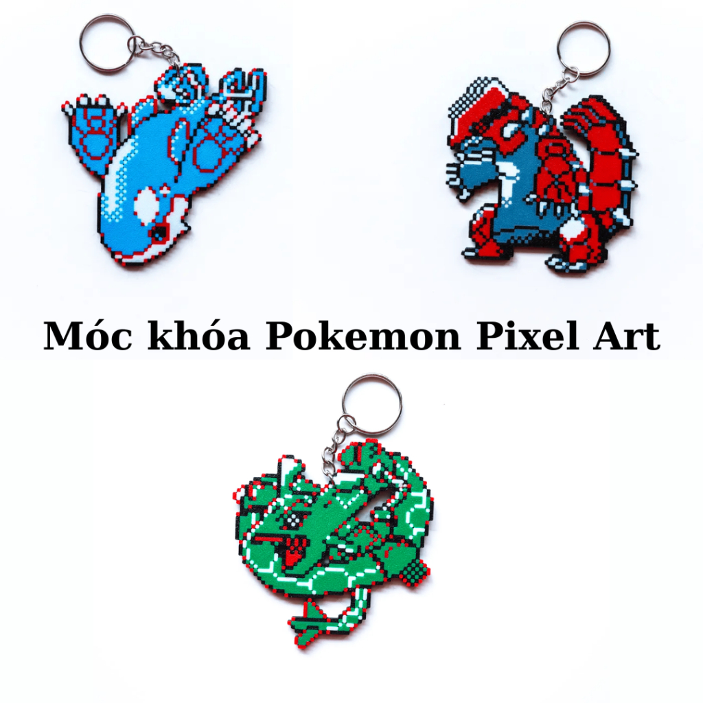 Combo Móc Khóa Pokemon Bộ 3 Thời Tiết Rayquaza, Groudon, Kyogre Phong Cách Pixel Art in 3D