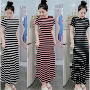 ĐẦM TAY NGẮN SỌC NGANG CỔ TRÒN DÁNG Chữ A Siêu Tôn Dáng Thanh Lịch