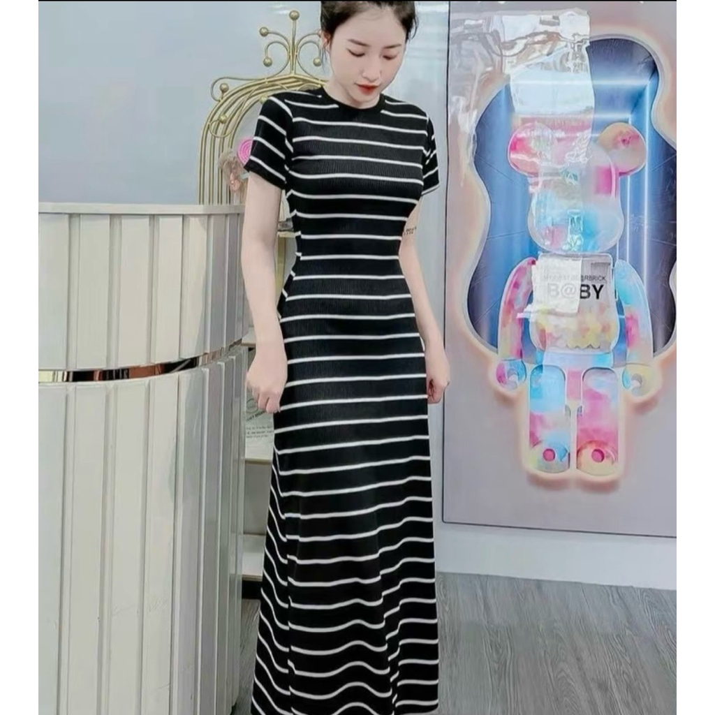 ĐẦM TAY NGẮN SỌC NGANG CỔ TRÒN DÁNG Chữ A  Siêu Tôn Dáng Thanh Lịch
