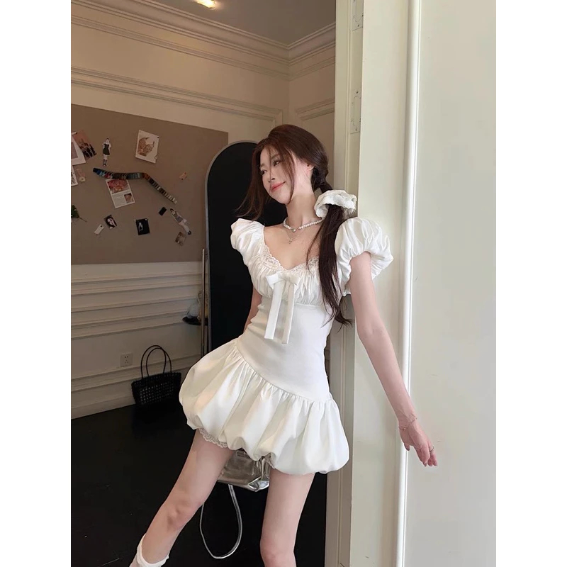 Đầm bí tay phồng phối ren cổ, Váy nữ màu trắng ôm eo dạo phố đi chơi dự tiệc NB99