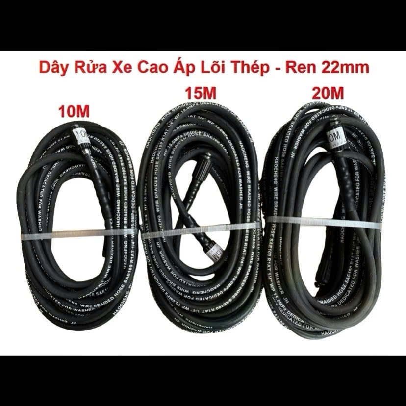 Dây Rửa Xe Lõi Thép 10m, 15m, 20m Cho Máy Rửa Xe, Máy Bơm Xịt Rửa Áp Lực Cao ( 2 Đầu Ren 22mm )