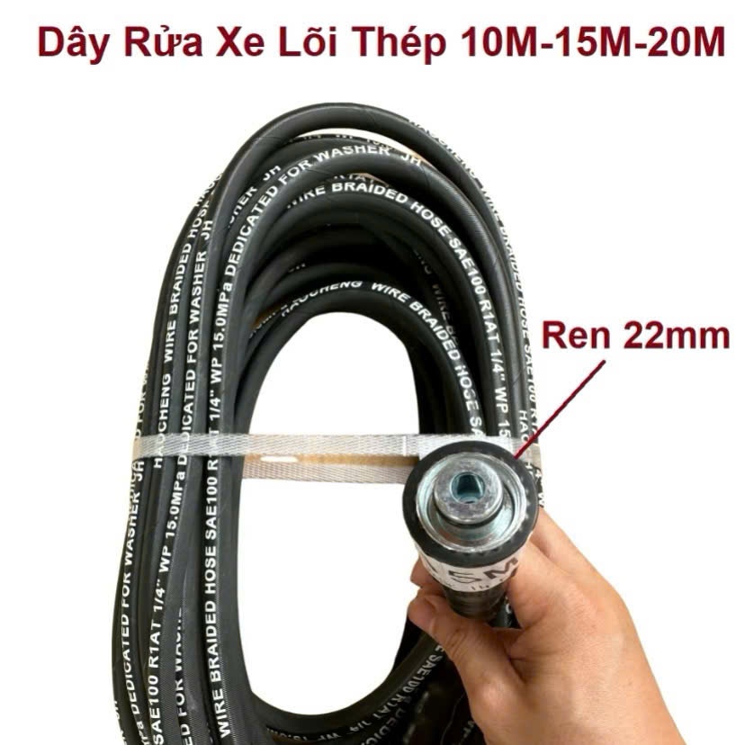 Dây Rửa Xe Lõi Thép 10m, 15m, 20m Cho Máy Rửa Xe, Máy Bơm Xịt Rửa Áp Lực Cao ( 2 Đầu Ren 22mm )
