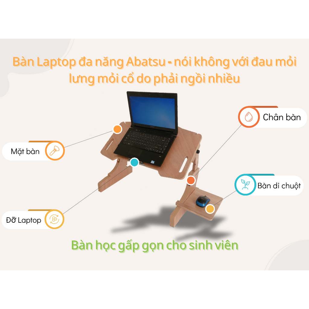 ( Bhành 3 năm) Bàn Laptop Gấp Gọn Thông Minh Abatsu – Dùng Trên Giường, Ghế, Sàn Điều Chỉnh Góc Xoay