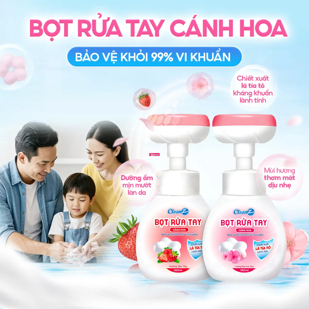 Bọt rửa tay hình cánh hoa CleanZ chiết xuất lá tía tô kháng khuẩn, lành tính, dưỡng ẩm cho da tay