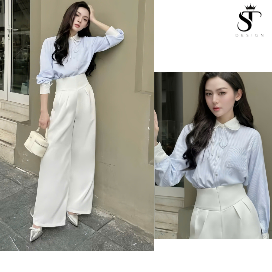 Áo sơ mi thiết kế tiểu thư phối cổ preppy chất kẻ Oxford hàng QC cao cấp, thiết kế sang trọng, thanh lịch - ST - 26