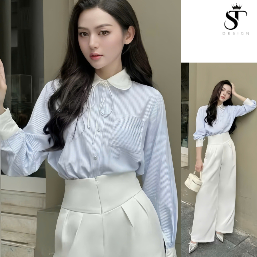 Áo sơ mi thiết kế tiểu thư phối cổ preppy chất kẻ Oxford hàng QC cao cấp, thiết kế sang trọng, thanh lịch - ST - 26