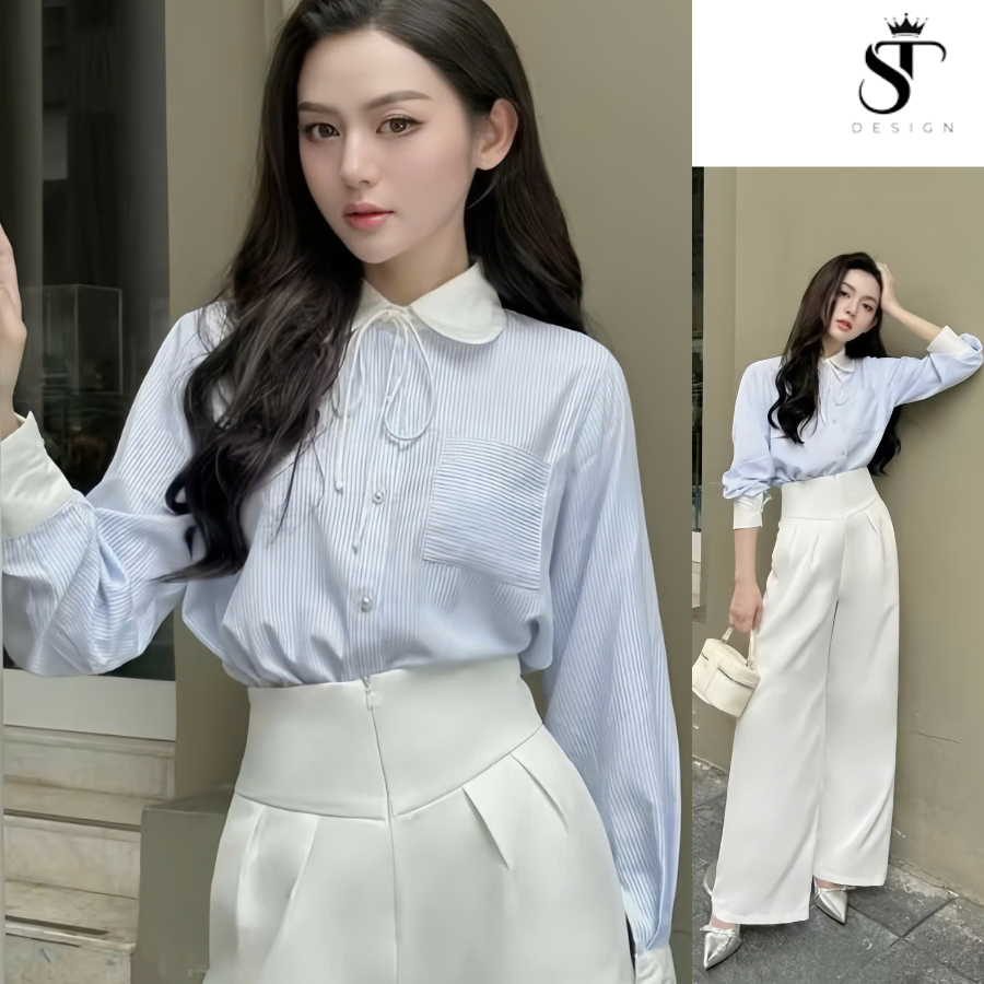 Áo sơ mi thiết kế tiểu thư phối cổ preppy chất kẻ Oxford hàng QC cao cấp, thiết kế sang trọng, thanh lịch - ST - 26