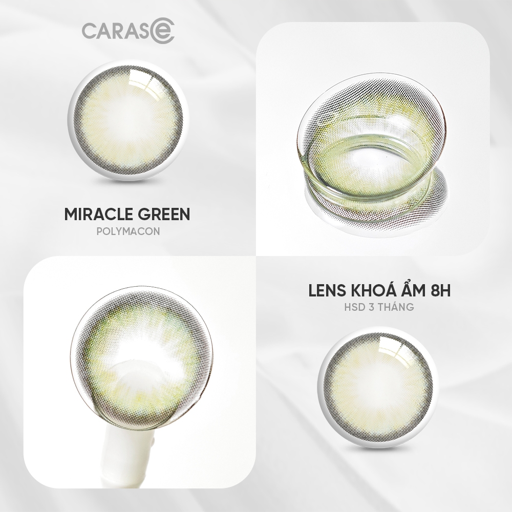 [1 chiếc] Kính áp tròng khoá ẩm 8H 3 Tháng Màu Xanh Lá Viền Xám CARASE, Lens cận MIRACLE GREEN