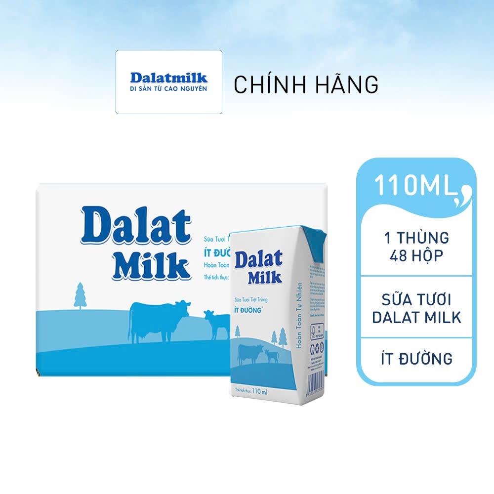 [Freeship HCM, HN, ĐN] Thùng 48 hộp sữa tươi tiệt trùng Dalatmilk ít đường 110 ml (110 ml x 48)