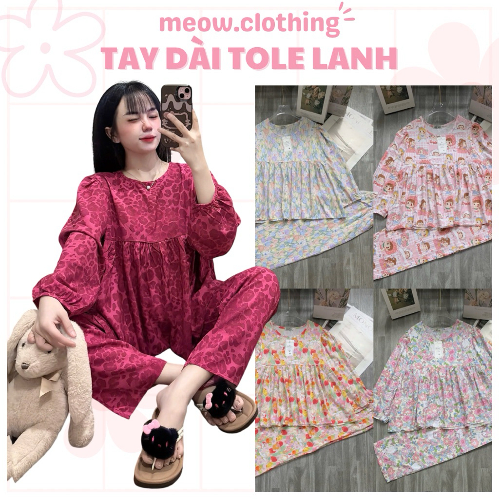 Đồ Ngủ Nữ, Bộ Mặc Nhà Tay Dài Babydoll Vải Tole Lanh Mềm Mát Form