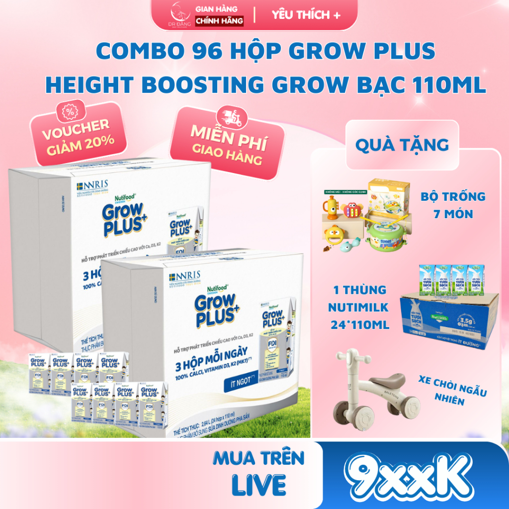 Combo 4 Thùng Growplus Height Boosting (Grow bạc) 24*110ml - Hỗ Trợ Tăng Chiều Cao Cho Bé