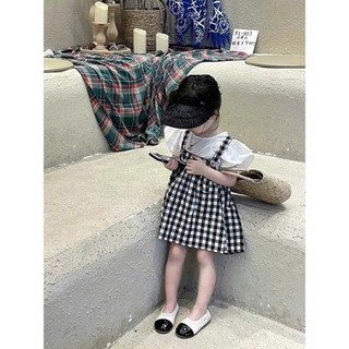 [B&G] Sét váy yếm caro phối áp trắng tay bồng mùa thu mát mẻ cho bé gái từ 10-45kg(2-12 tuổi)