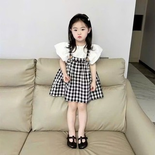 [B&G] Sét váy yếm caro phối áp trắng tay bồng mùa thu mát mẻ cho bé gái từ 10-45kg(2-12 tuổi)