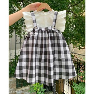 [B&G] Sét váy yếm caro phối áp trắng tay bồng mùa thu mát mẻ cho bé gái từ 10-45kg(2-12 tuổi)