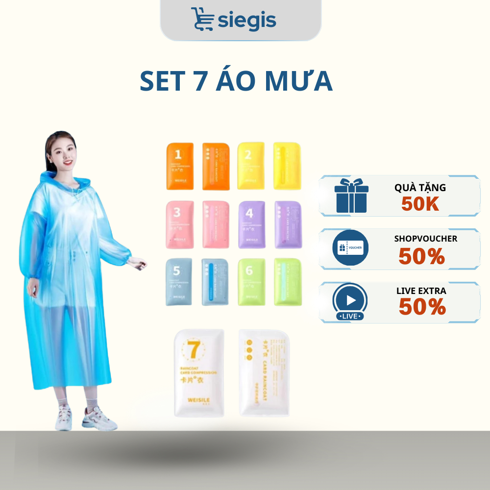 Set 7 Áo Mưa SIEGIS Dùng 1 Lần Có Mũ Trùm Dày Dặn Màu Trơn Nhỏ Gọn Mang Theo Tiện Lợi