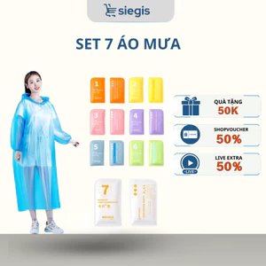 Set 7 Áo Mưa SIEGIS Dùng 1 Lần Có Mũ Trùm Dày Dặn Màu Trơn Nhỏ Gọn Mang Theo Tiện Lợi