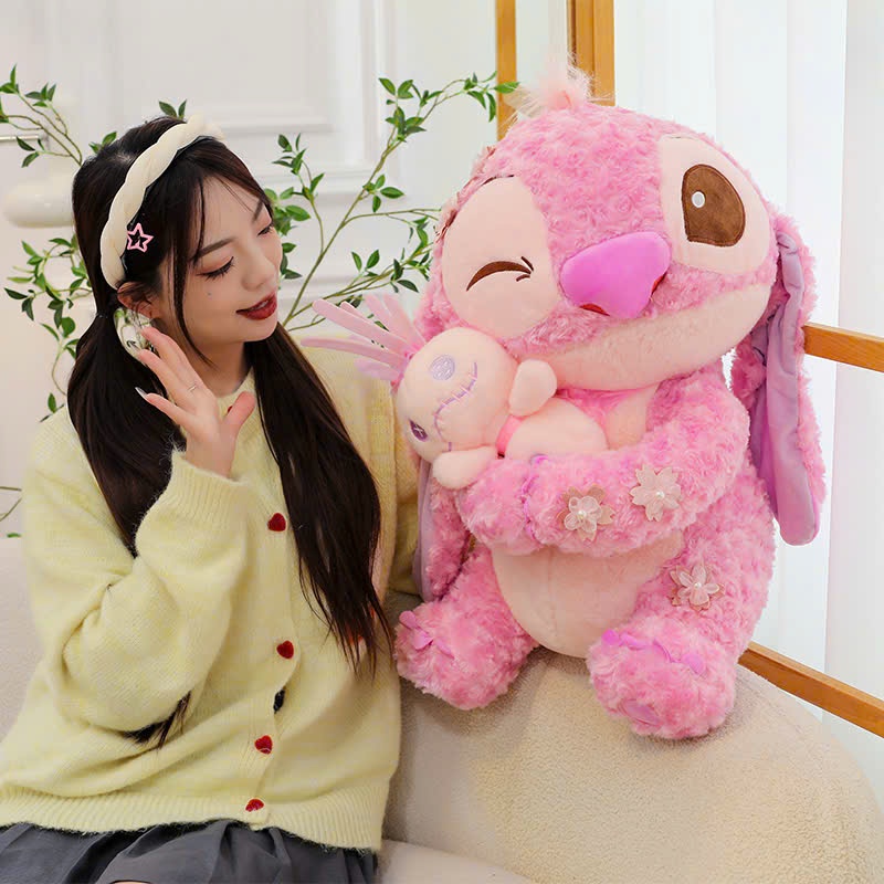 Gấu bông stitch hồng sakura dễ thương, Thú nhồi bông stich đính họa tiết cánh hoa dễ thương làm quà tặng cho bé,bạn gái