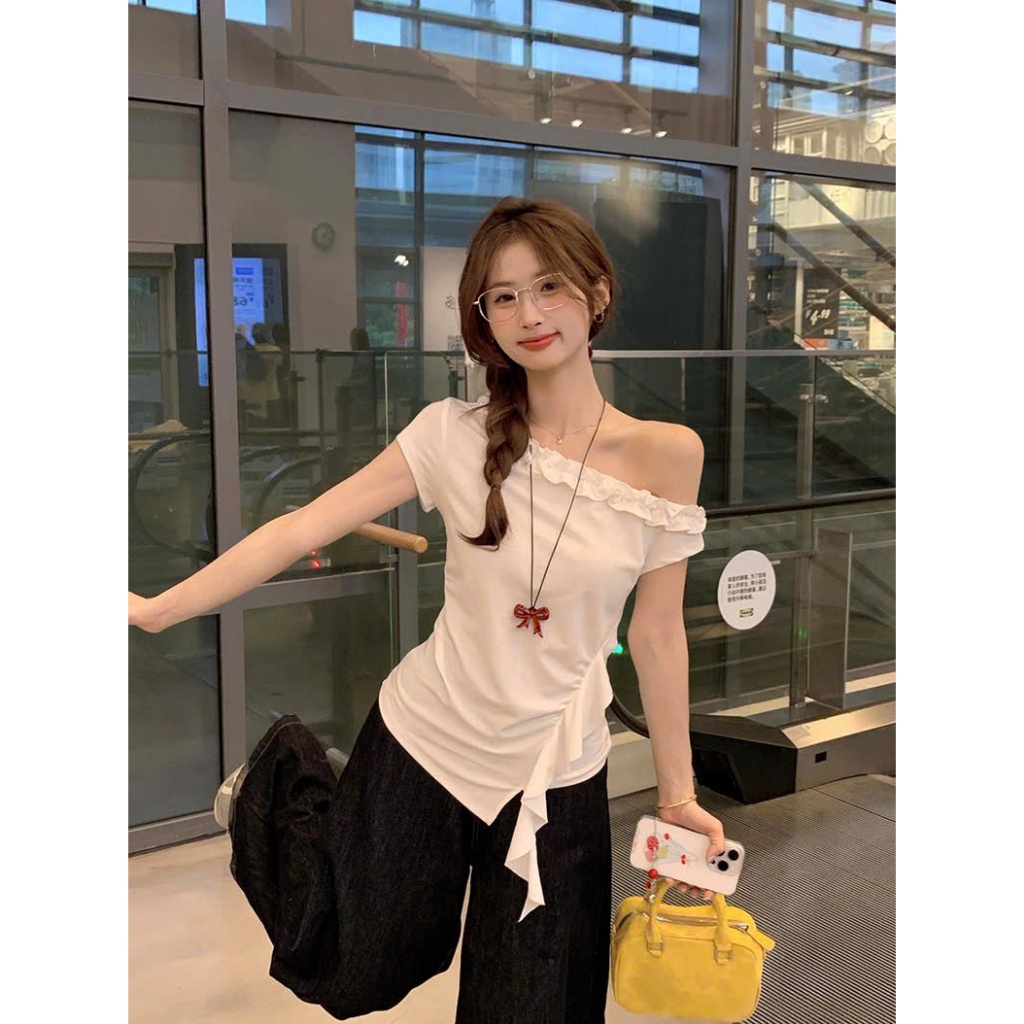 [CÓ SIZE] Áo Thun Lệch Vai Viền Bèo RANSHI Phong Cách Tiểu Thư Nhẹ Nhàng Dễ Phối Chất Thun Cotton - RA323