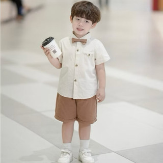 Bộ sơ mi cộc tay beernie Bé trai kèm nơ công tử có thể tháo rời, vải thô Hàn thoáng mát cho bé 14-26kg