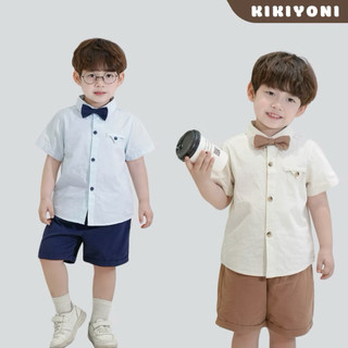 Bộ sơ mi cộc tay beernie Bé trai kèm nơ công tử có thể tháo rời, vải thô Hàn thoáng mát cho bé 14-26kg