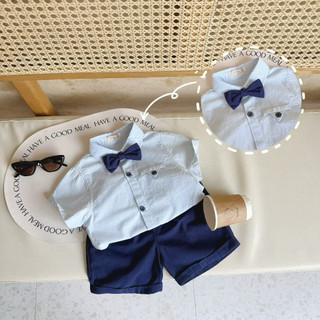 Bộ sơ mi cộc tay beernie Bé trai kèm nơ công tử có thể tháo rời, vải thô Hàn thoáng mát cho bé 14-26kg