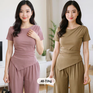 Set bộ nữ JIMA cổ thuyền nhún eo che bụng phối quần dài thun co giãn thoáng TK105