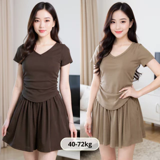 Set bộ nữ cổ tim nhún eo phối quần váy xếp ly JIMA chất thun tăm Hàn nặng tay thoáng mát TK114