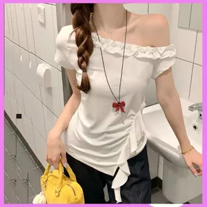 Áo Thun Lệch Vai Viền Bèo RANSHI Phong Cách Tiểu Thư Nhẹ Nhàng Dễ Phối Chất Thun Cotton - RA323