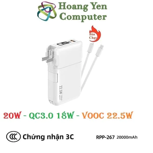 Sạc Dự Phòng Remax RPP-267 20000Mah (Sạc Nhanh QC3.0, VOOC 2.0, PD20W), Tích Hợp Cáp Sạc, Nguồn Sạc Trực Tiếp