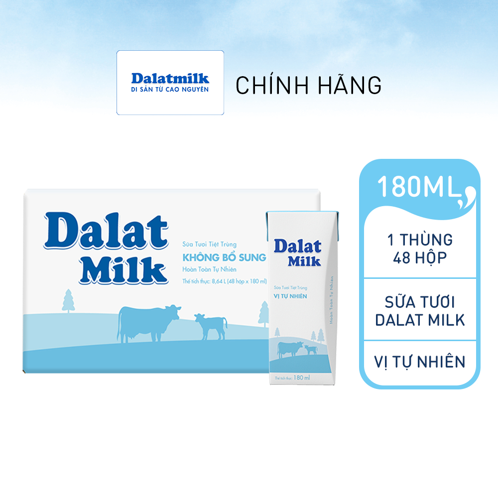 Thùng 48 hộp sữa tươi tiệt trùng Dalatmilk vị tự nhiên 180 ml (180 ml x 48)