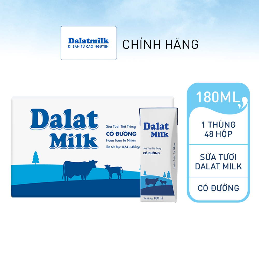 Thùng 48 hộp sữa tươi tiệt trùng  Dalatmilk có đường 180 ml (180 ml x 48)