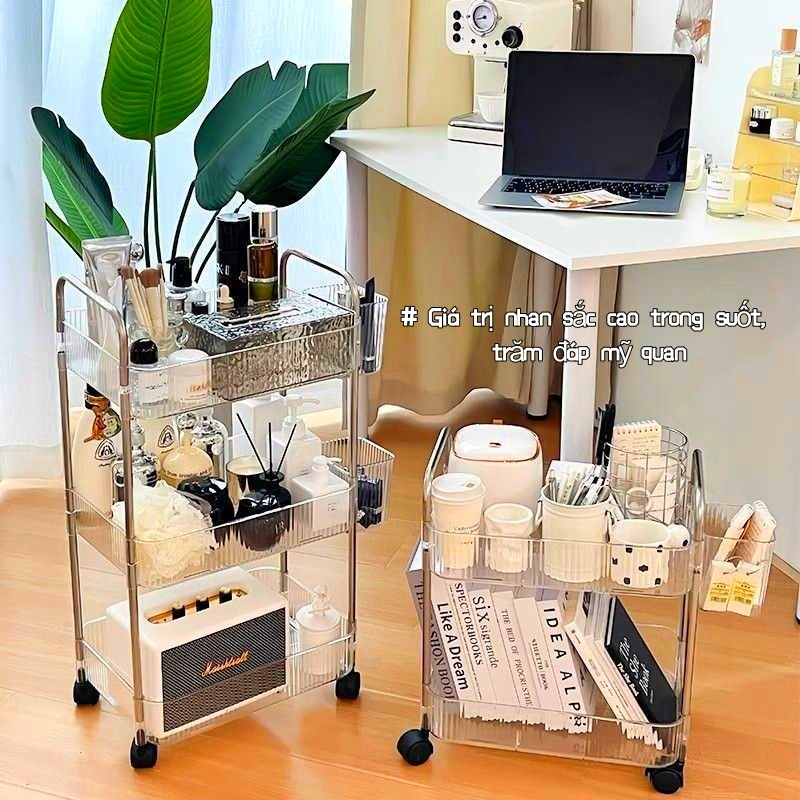 Kệ Để Đồ Trong Suốt Nhiều Tầng Đa Năng Có Bánh Xe, Xe Đẩy Spa, Phòng Bếp, Phòng Tắm Có Lỗ Thoát Nước ( Tặng kèm ống )