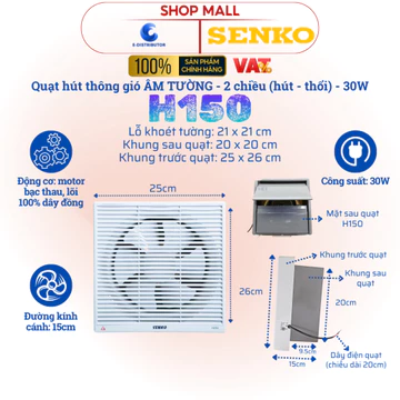 [HỎA TỐC] Quạt hút thông gió âm tường Senko H150 - Công suất 30W - Hàng Chính Hãng