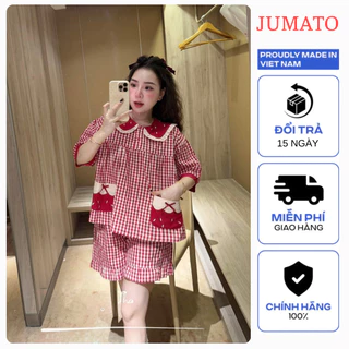 Bộ pijama nữ dễ thương họa tiết caro Jumato, đồ mặc nhà nữ phối túi hình dâu tây chất vải mềm mát dáng rộng tiểu thư
